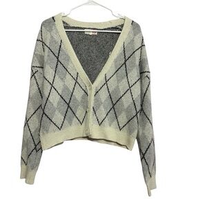 Hazel Moon Argyle V-Neck Cardigan Gray Black Button Down Women’s Size Medium